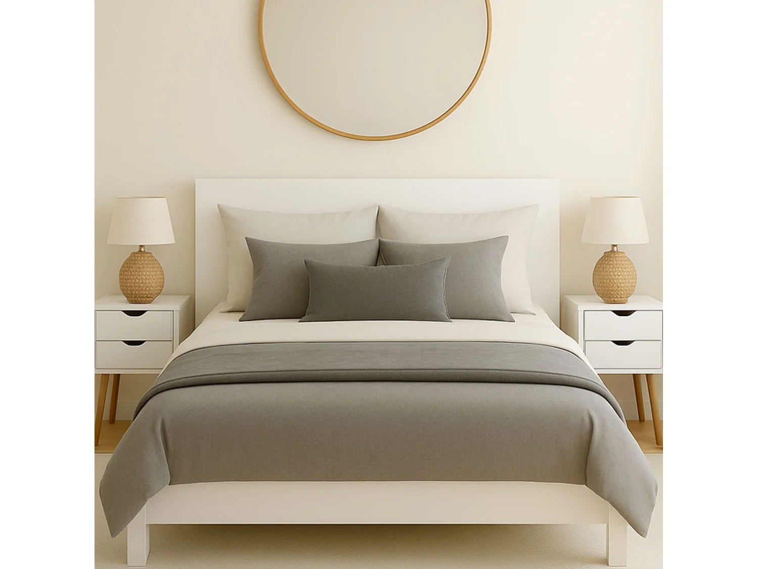 Conjunto de Dormitorio Blanco – Cabecero de 168 cm + 2 Mesitas de Noche con Patas de Madera de Haya – Estilo Nórdico Moderno en Melamina de Alta Calid