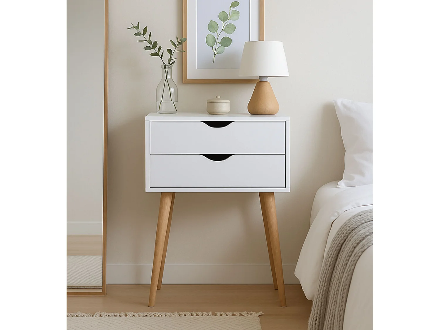 Conjunto de Dormitorio Blanco – Cabecero de 168 cm + 2 Mesitas de Noche con Patas de Madera de Haya – Estilo Nórdico Moderno en Melamina de Alta Calid