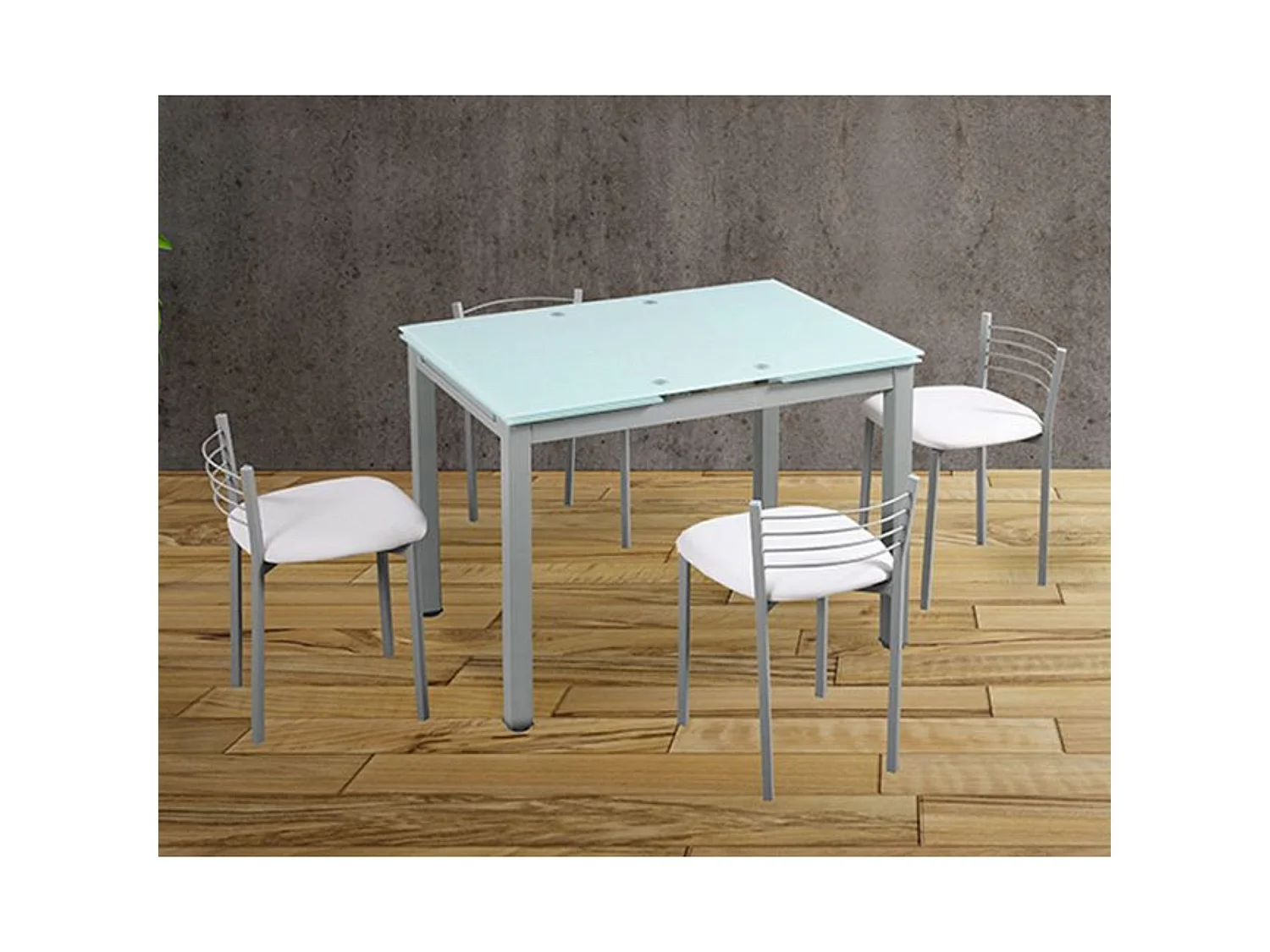 Conjunto Mesa de Cocina Extensible de Cristal 100-170 cm + Pack 4 Taburetes Bajos Tapizados en Piel Sintética Blanca con Patas Grises