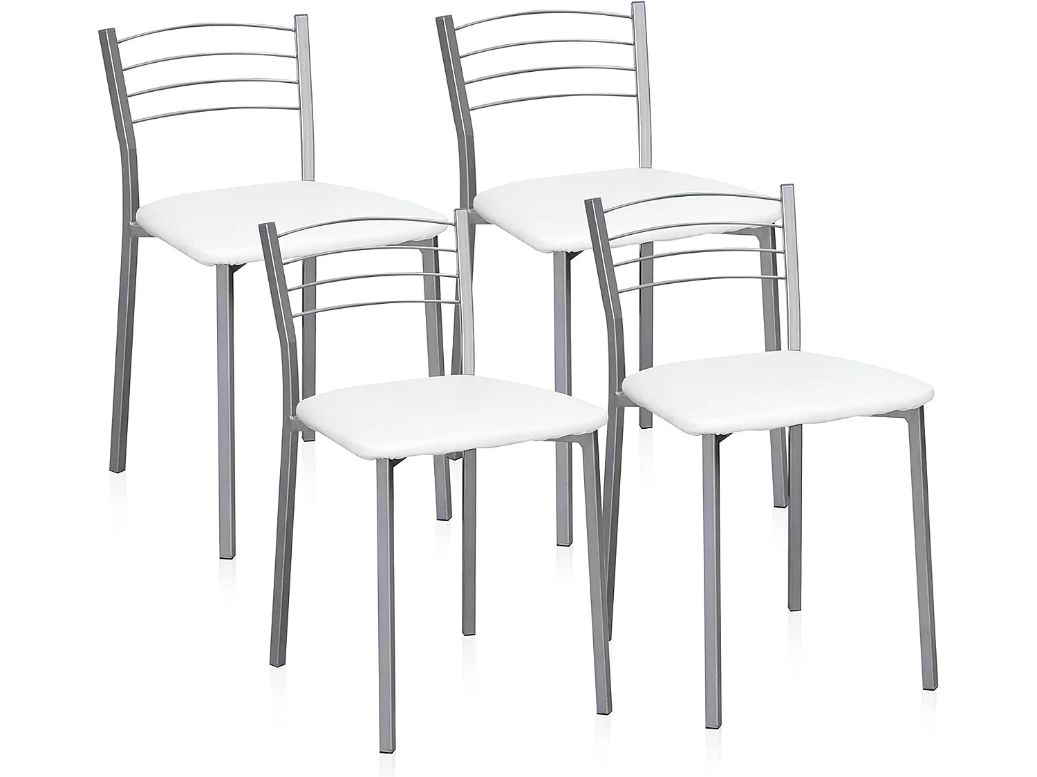 Conjunto Mesa de Cocina Extensible de Cristal 100-170 cm + Pack 4 Taburetes Bajos Tapizados en Piel Sintética Blanca con Patas Grises