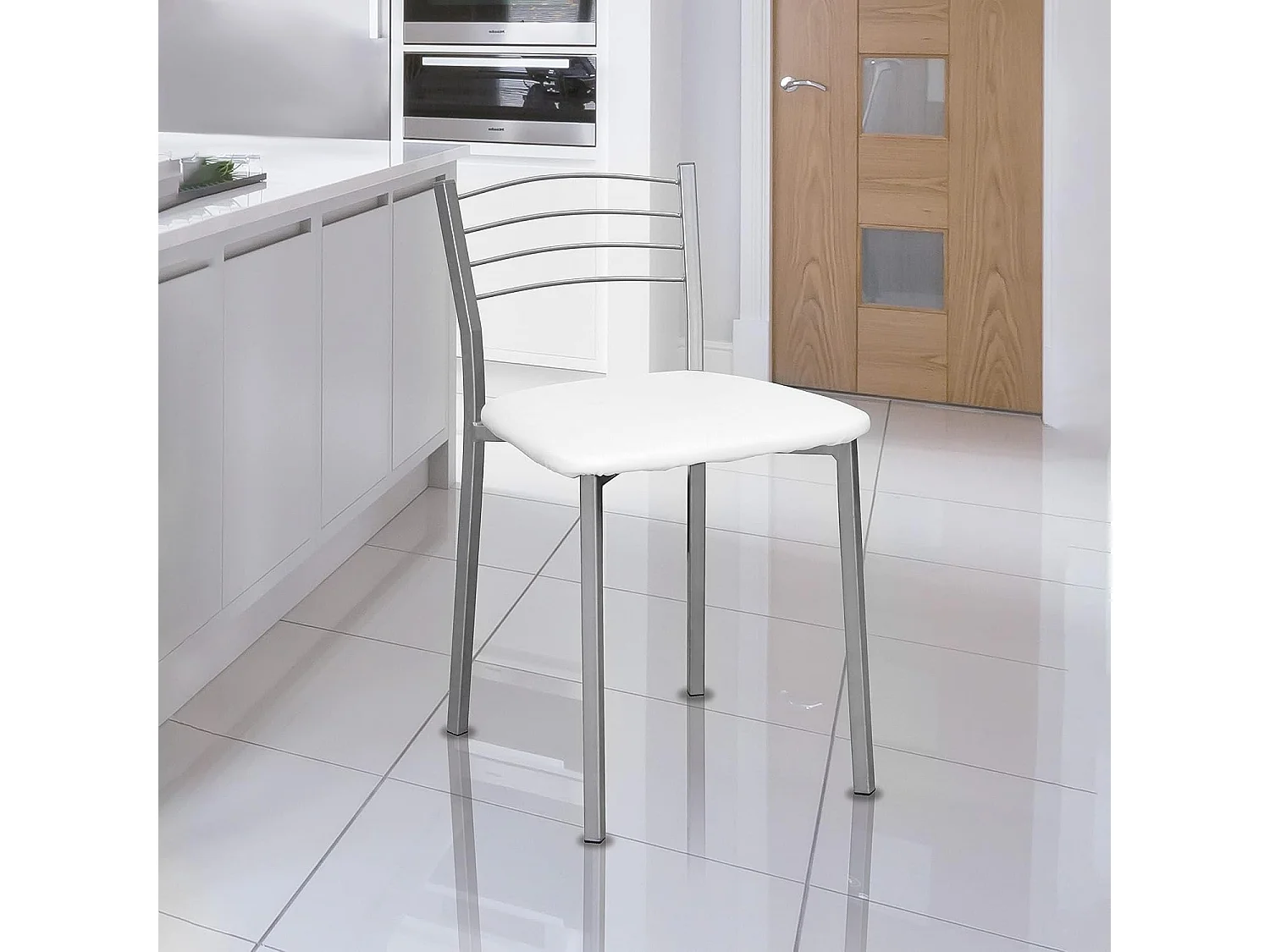 Conjunto Mesa de Cocina Extensible de Cristal 100-170 cm + Pack 4 Taburetes Bajos Tapizados en Piel Sintética Blanca con Patas Grises