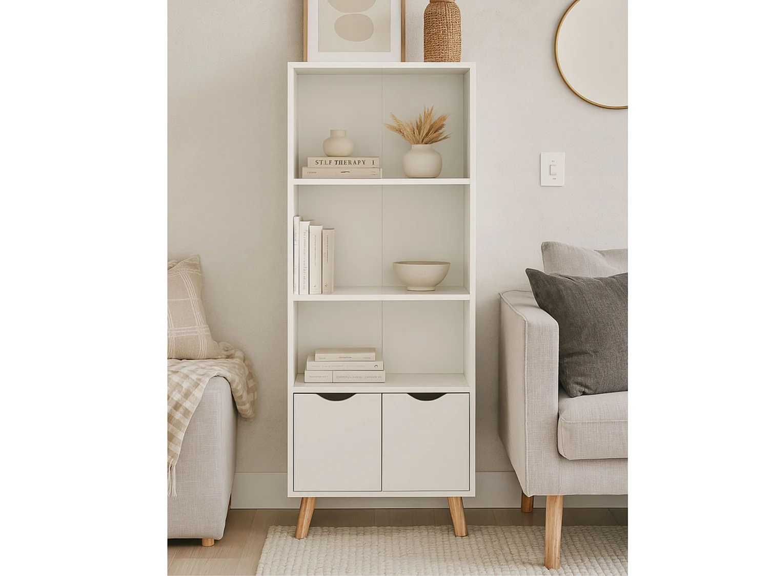 Estantería Blanca con 2 Puertas – 50x30x160 cm – Mueble Auxiliar Moderno con Patas de Madera de Pino – Diseño Nórdico y Funcional