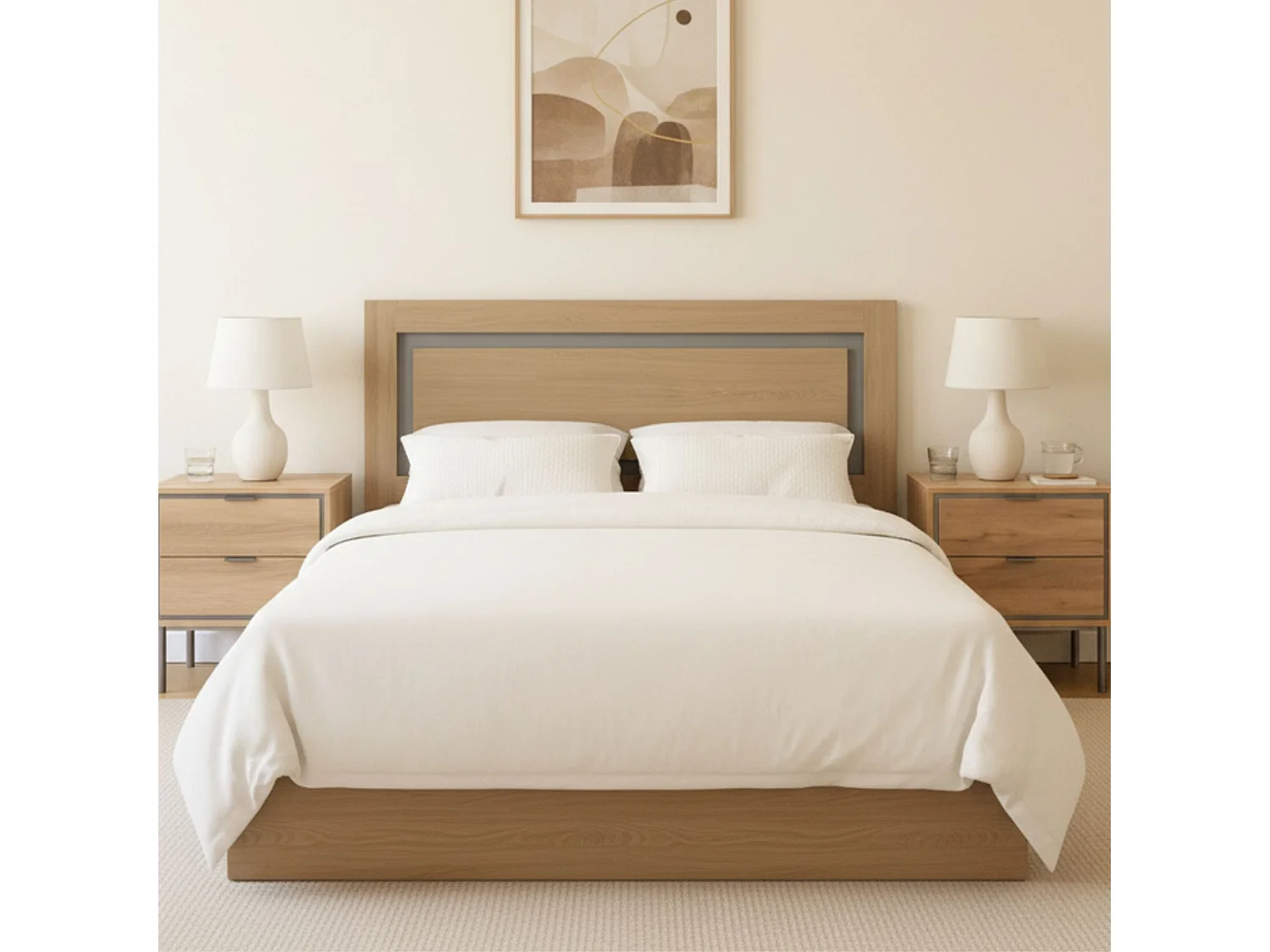 Conjunto de Dormitorio en Roble Natural – Cabecero 168 cm + 2 Mesitas de Noche con Cajones – Diseño Moderno con Detalles Metálicos Níquel
