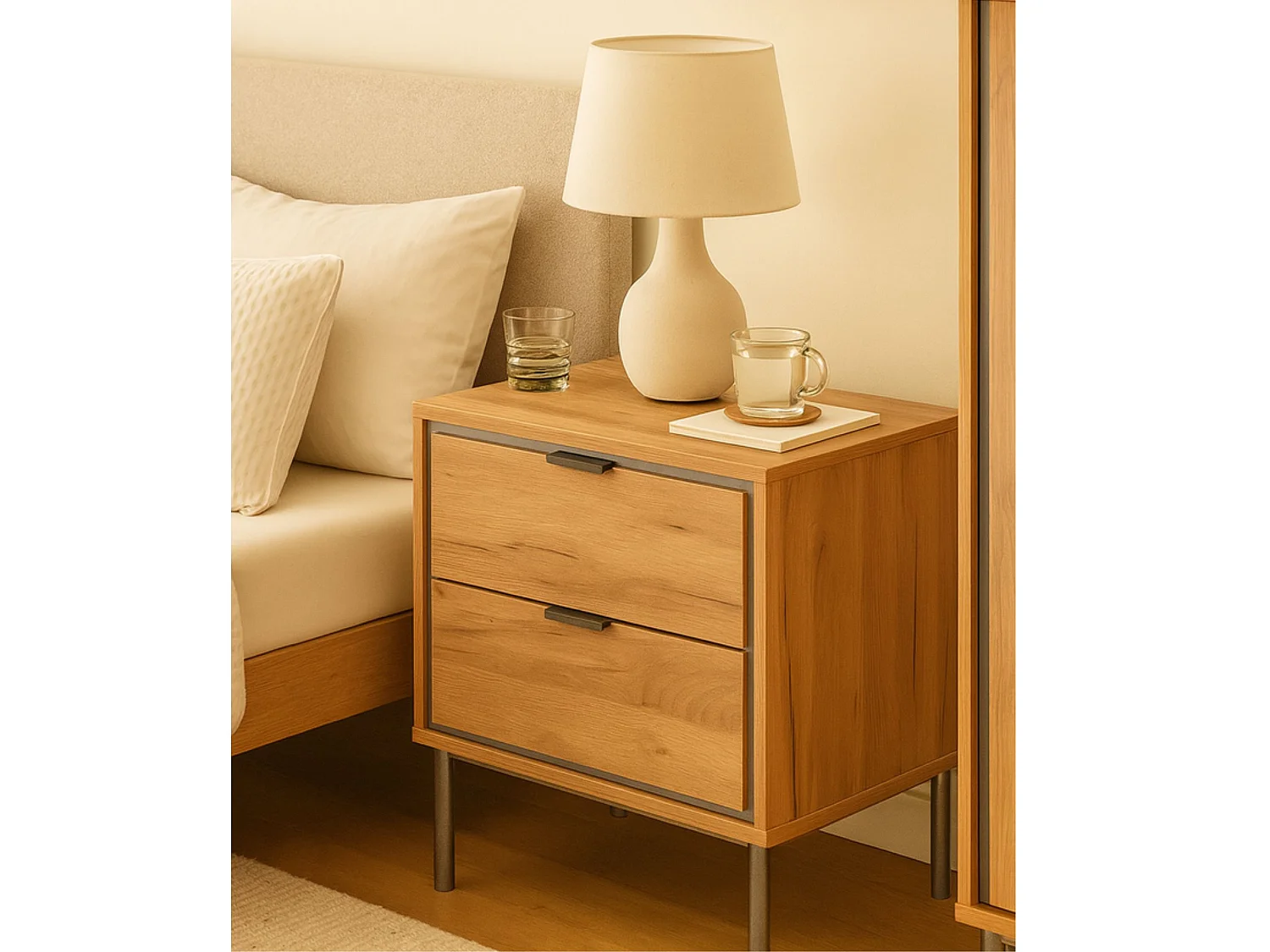 Conjunto de Dormitorio en Roble Natural – Cabecero 168 cm + 2 Mesitas de Noche con Cajones – Diseño Moderno con Detalles Metálicos Níquel