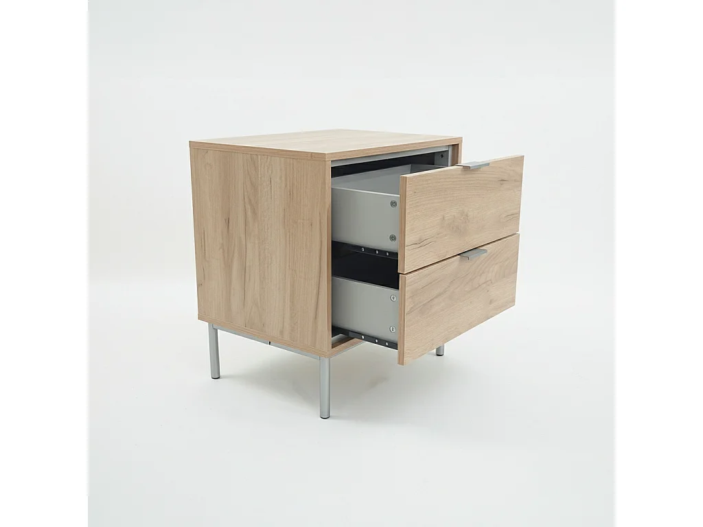 Conjunto de Dormitorio en Roble Natural – Cabecero 168 cm + 2 Mesitas de Noche con Cajones – Diseño Moderno con Detalles Metálicos Níquel