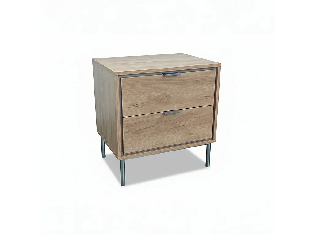 Conjunto de Dormitorio en Roble Natural – Cabecero 168 cm + 2 Mesitas de Noche con Cajones – Diseño Moderno con Detalles Metálicos Níquel