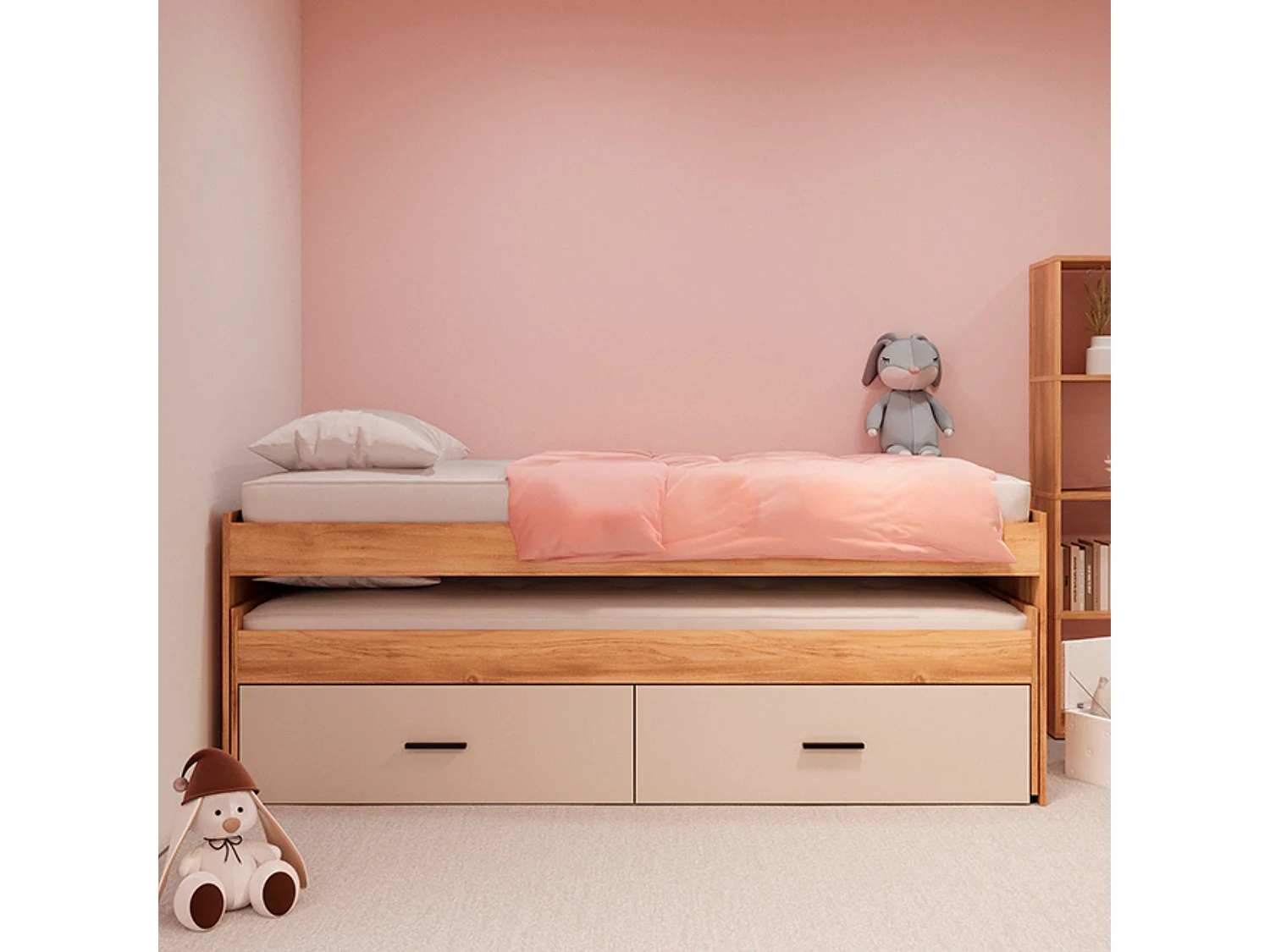 Cama Nido Juvenil Doble con Cajones Mauvella Beige – 202,6x98x72 cm – Cama Doble con Espacio para Dos Colchones y Almacenaje, Diseño Moderno y Resiste