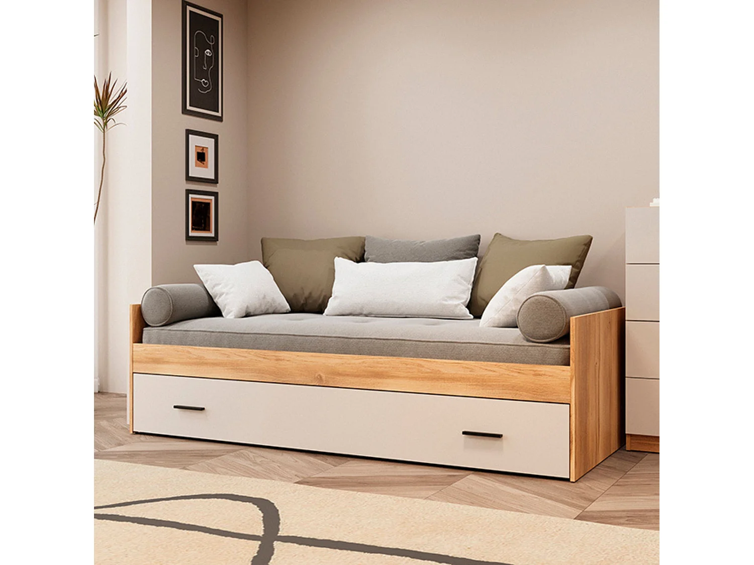 Cama Nido con Cajón de Almacenaje Mauvella Beige – 202,6x98x58 cm – Cama Juvenil Moderna en Melamina Resistente, Diseño Funcional y Elegante
