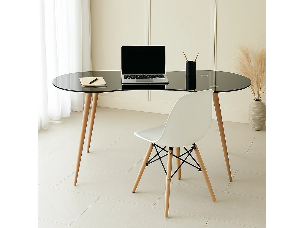 Mesa de Escritorio Negra con Tapa de Cristal Templado y Patas en Acero Efecto Madera – 140x70x74 cm – Diseño Moderno y Elegante