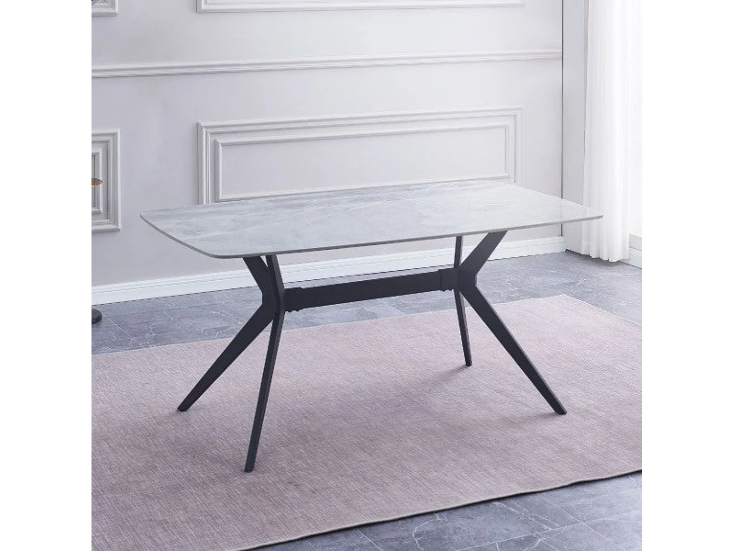 Mesa de Comedor con Sobre Cerámico Efecto Mármol – Mesa Rectangular Moderna con Estructura Metálica Negra, 160 x 90 x 76 cm.
