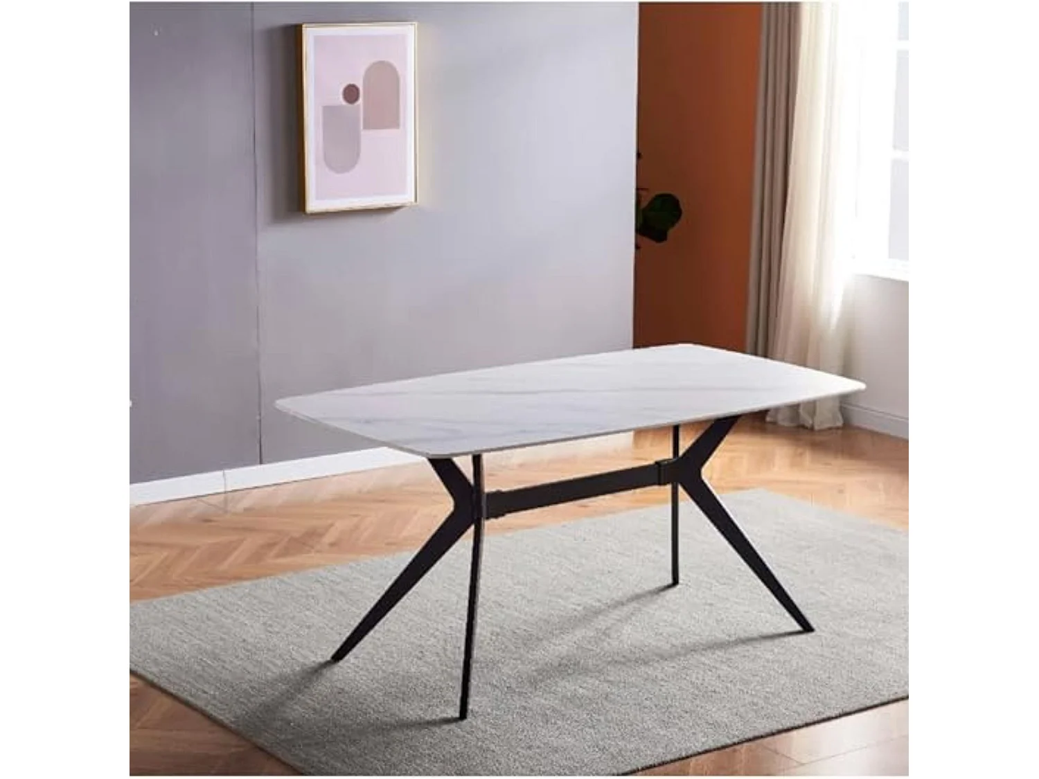 Mesa de Comedor con Sobre Cerámico Efecto Mármol – Mesa Rectangular Moderna con Estructura Metálica Negra, 160 x 90 x 76 cm.