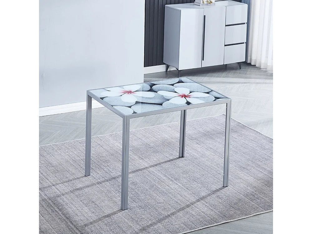 Mesa de Cocina Moderna con Encimera de Cristal Floral – Mesa Compacta de Vidrio y Metal, Color Gris y Plateado, 100 x 76 x 70 cm