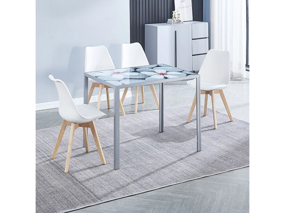 Mesa de Cocina Moderna con Encimera de Cristal Floral – Mesa Compacta de Vidrio y Metal, Color Gris y Plateado, 100 x 76 x 70 cm