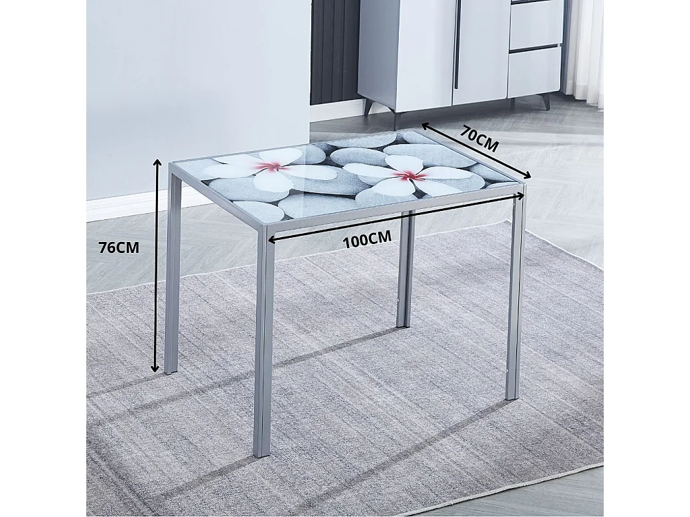 Mesa de Cocina Moderna con Encimera de Cristal Floral – Mesa Compacta de Vidrio y Metal, Color Gris y Plateado, 100 x 76 x 70 cm