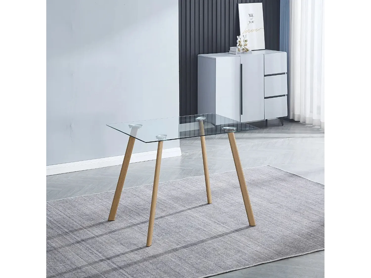 Mesa de Cocina Fija con Tapa de Cristal Templado Transparente y Patas Color Madera – Diseño Moderno y Funcional.