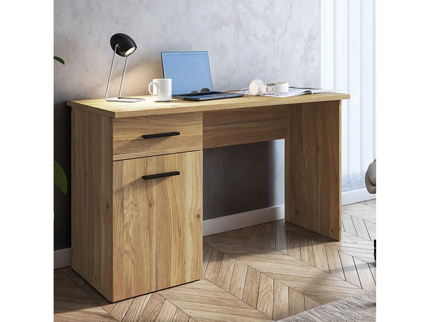 Mesa de Estudio con Cajón y Puerta – Escritorio Moderno en Color Mauvella, 120x72x49,5 cm, Melamina Resistente, Diseño Funcional para Oficina o Dormit