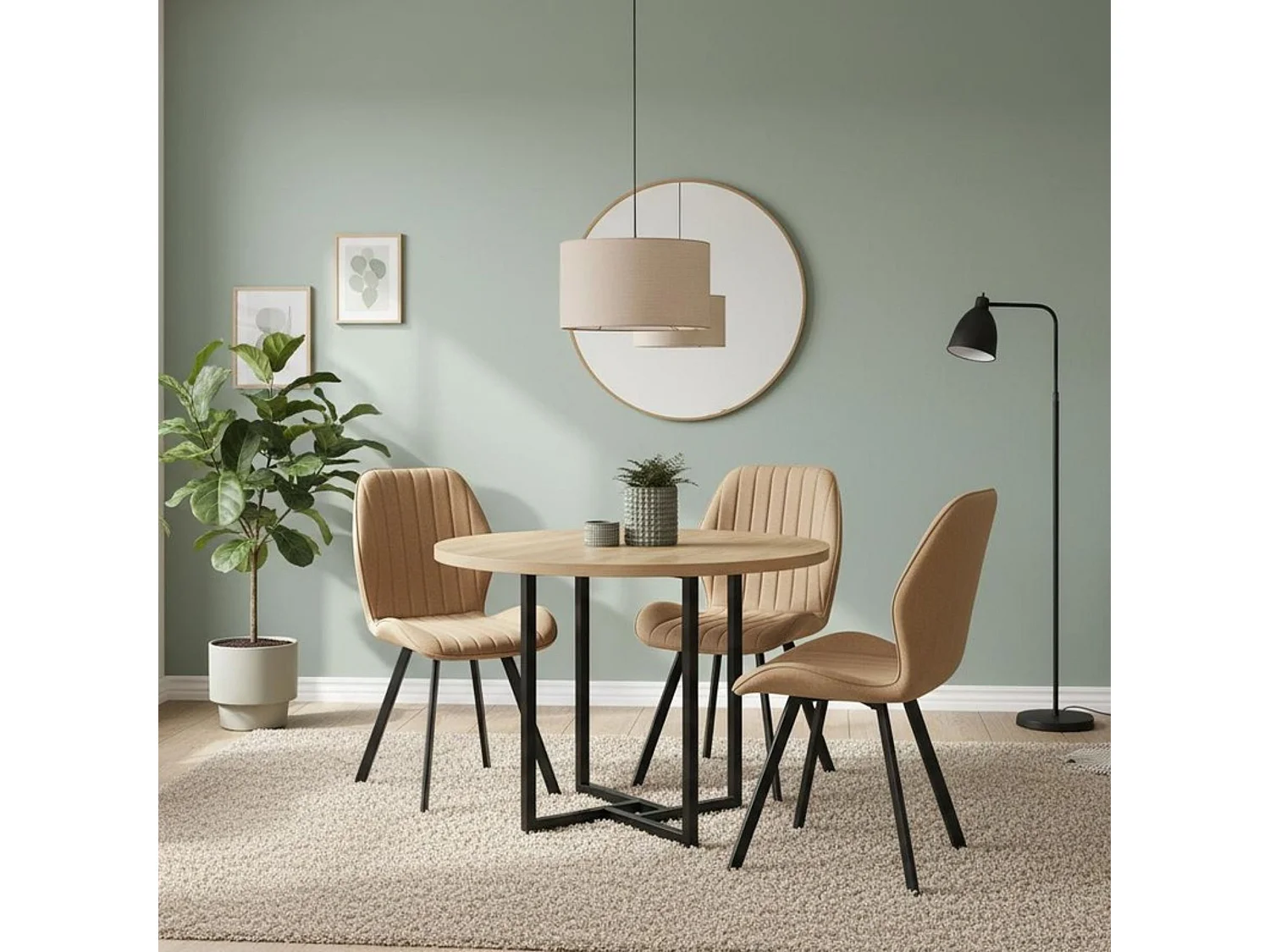 Mesa de Comedor Redonda en Roble Aserrado con Patas Metálicas Negras – 90x90x75 cm – Diseño Moderno e Industrial en Melamina de 30 mm