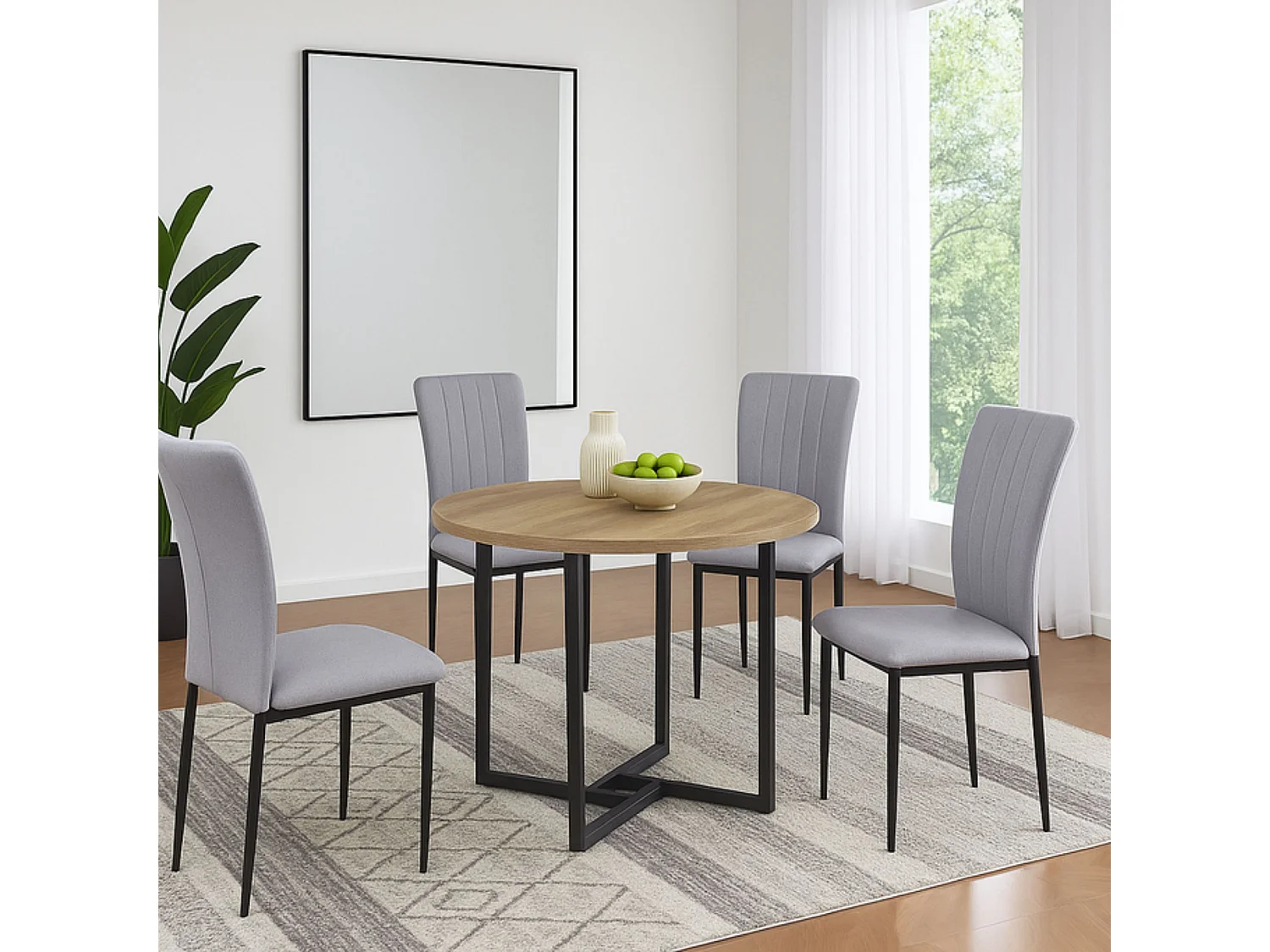 Mesa de Comedor Redonda en Roble Aserrado con Patas Metálicas Negras – 90x90x75 cm – Diseño Moderno e Industrial en Melamina de 30 mm