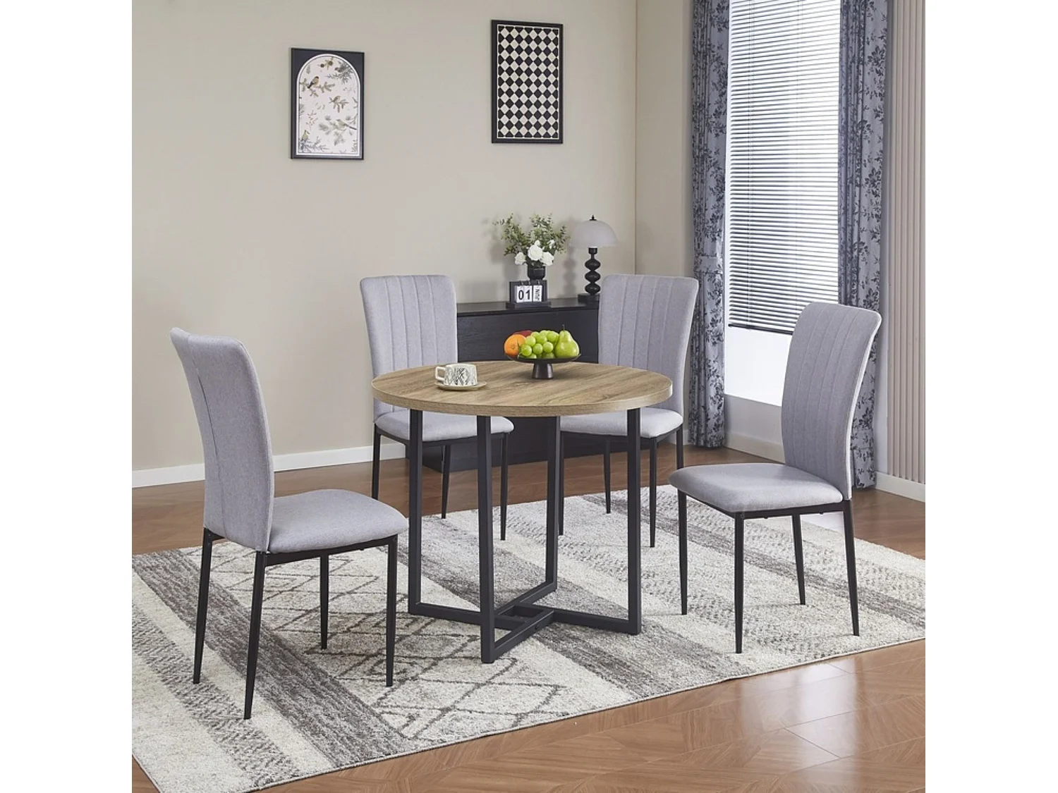 Mesa de Comedor Redonda en Roble Aserrado con Patas Metálicas Negras – 90x90x75 cm – Diseño Moderno e Industrial en Melamina de 30 mm
