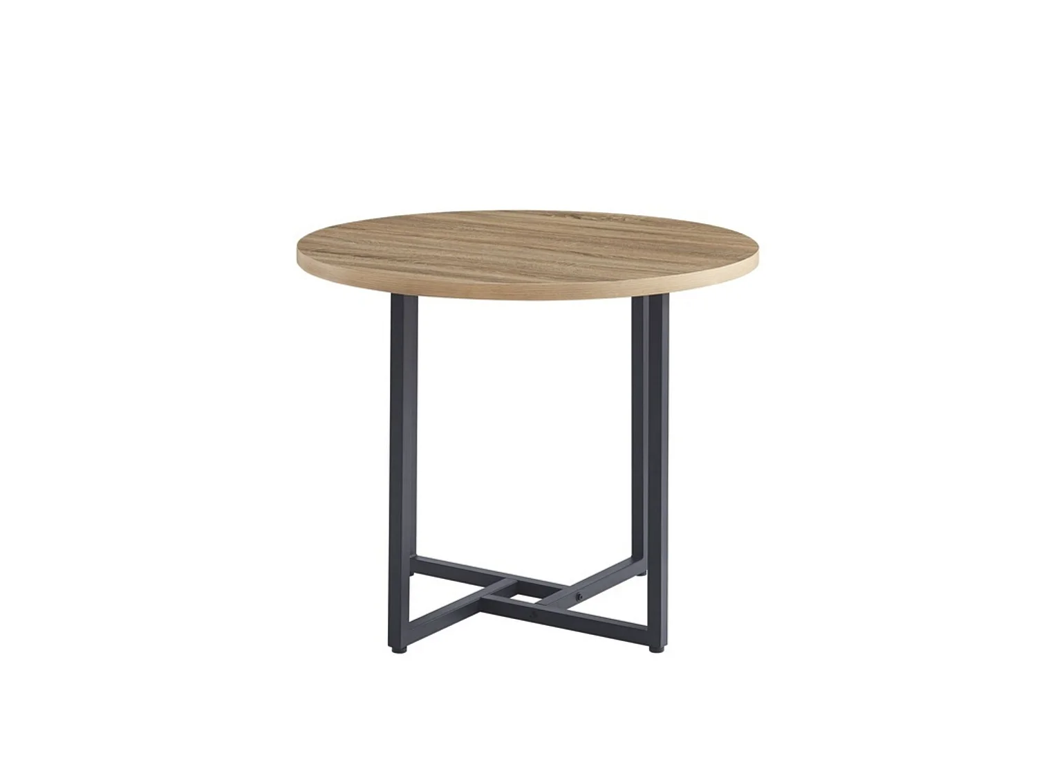 Mesa de Comedor Redonda en Roble Aserrado con Patas Metálicas Negras – 90x90x75 cm – Diseño Moderno e Industrial en Melamina de 30 mm