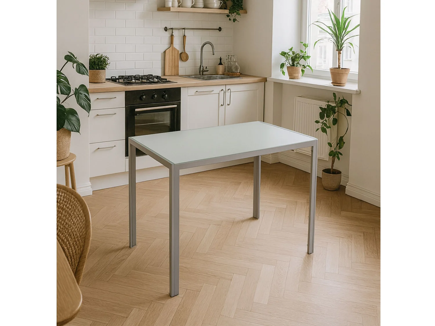 Mesa de Cocina Blanca con Tapa de Cristal y Patas Metálicas – 105x60x75 cm – Diseño Moderno y Compacto en Acero Gris Plata