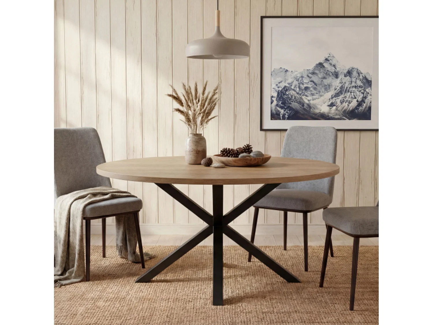 Mesa de Comedor Ovalada en Roble con Patas Metálicas Negras – 140x80x75 cm – Diseño Moderno e Industrial en Melamina de 30 mm