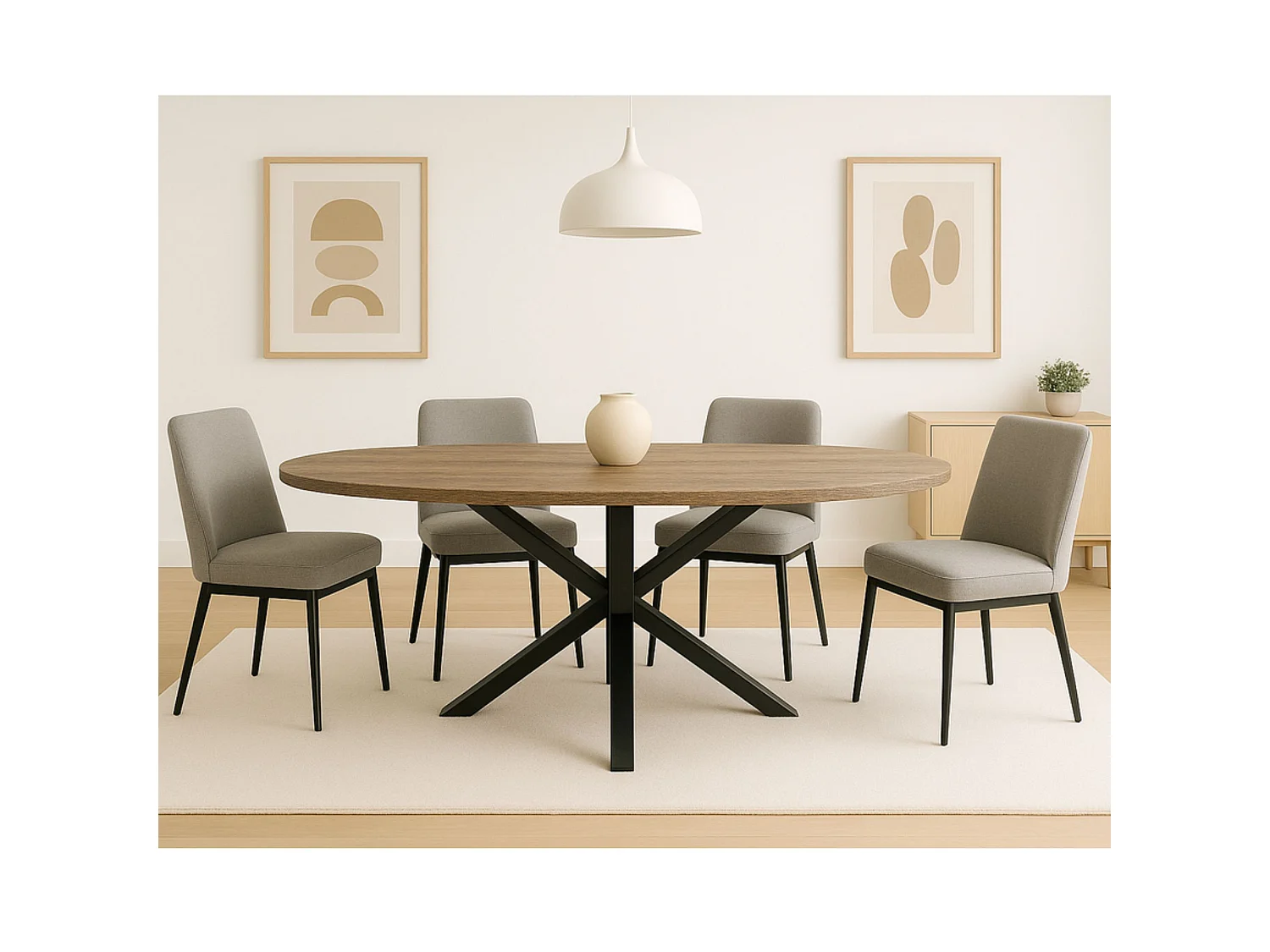 Mesa de Comedor Ovalada en Roble con Patas Metálicas Negras – 140x80x75 cm – Diseño Moderno e Industrial en Melamina de 30 mm