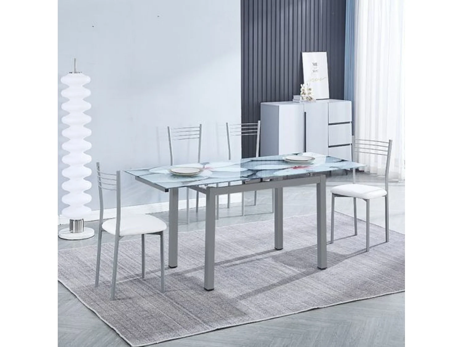 Mesa de Cocina Extensible de Cristal con Estampado Floral – Conjunto Moderno de Vidrio y Metal Gris, 75 x 100-170 x 70 cm.