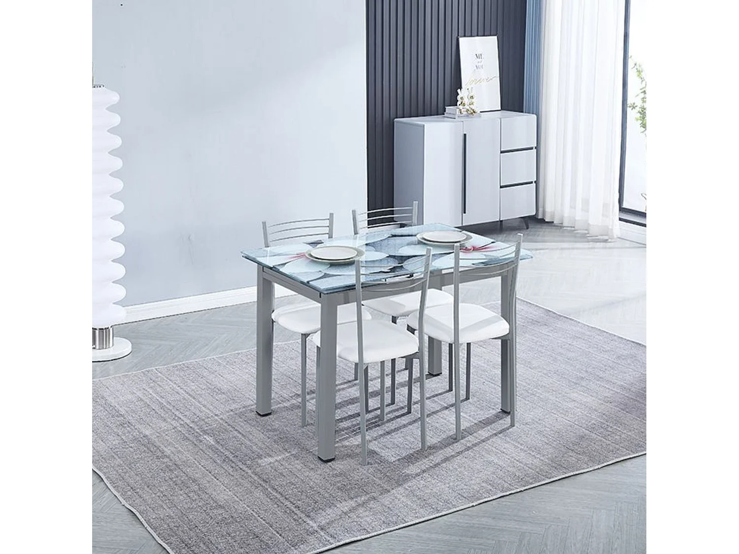 Mesa de Cocina Extensible de Cristal con Estampado Floral – Conjunto Moderno de Vidrio y Metal Gris, 75 x 100-170 x 70 cm.