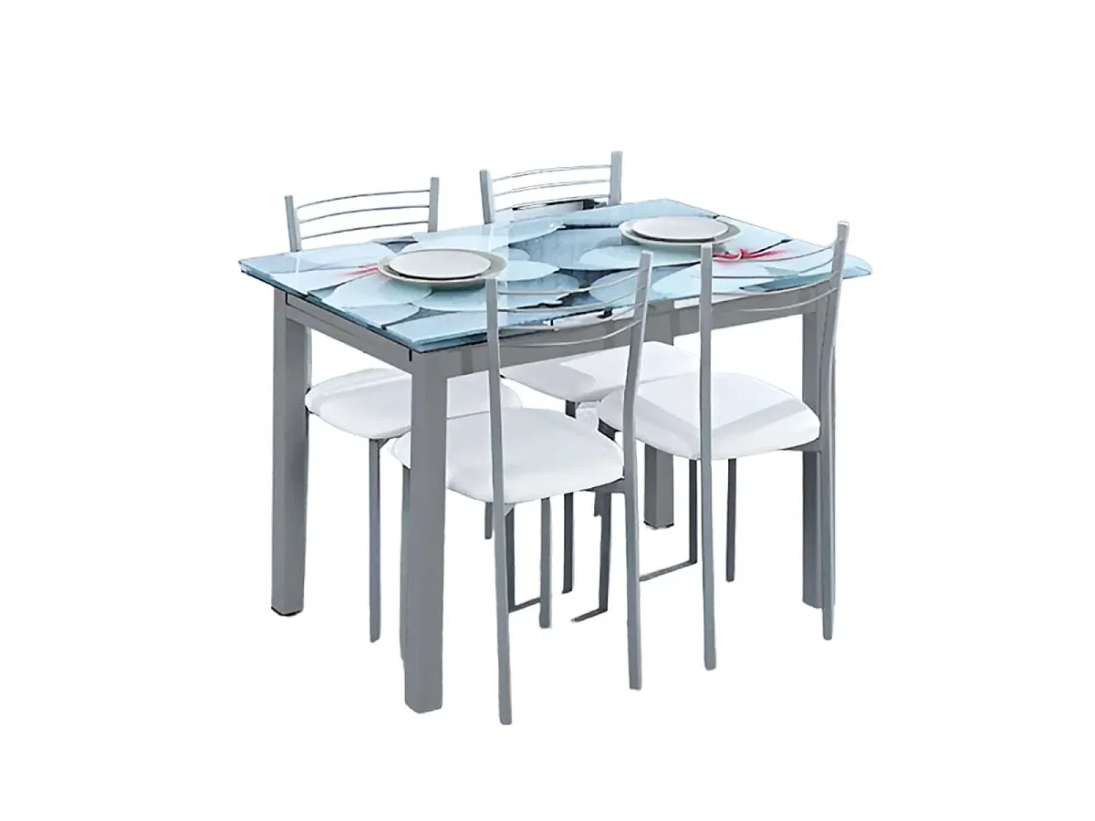 Mesa de Cocina Extensible de Cristal con Estampado Floral – Conjunto Moderno de Vidrio y Metal Gris, 75 x 100-170 x 70 cm.
