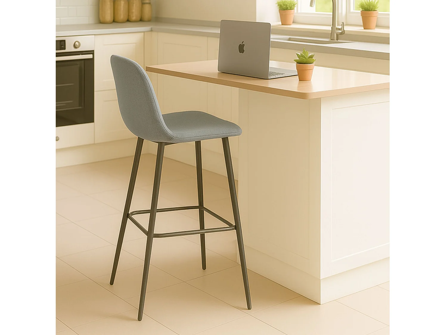 Pack 2 taburetes altos tapizados gris acero con patas metálicas negras – diseño moderno y cómodo de 65 cm para barra o cocina