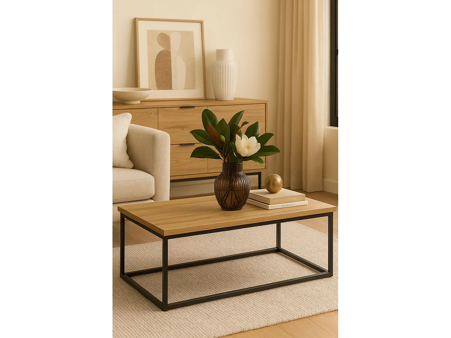 Mesa de Centro Negra Rectangular con Estructura Metálica – 100x50x40 cm – Tapa de Melamina de 30 mm – Diseño Moderno e Industrial para Salón