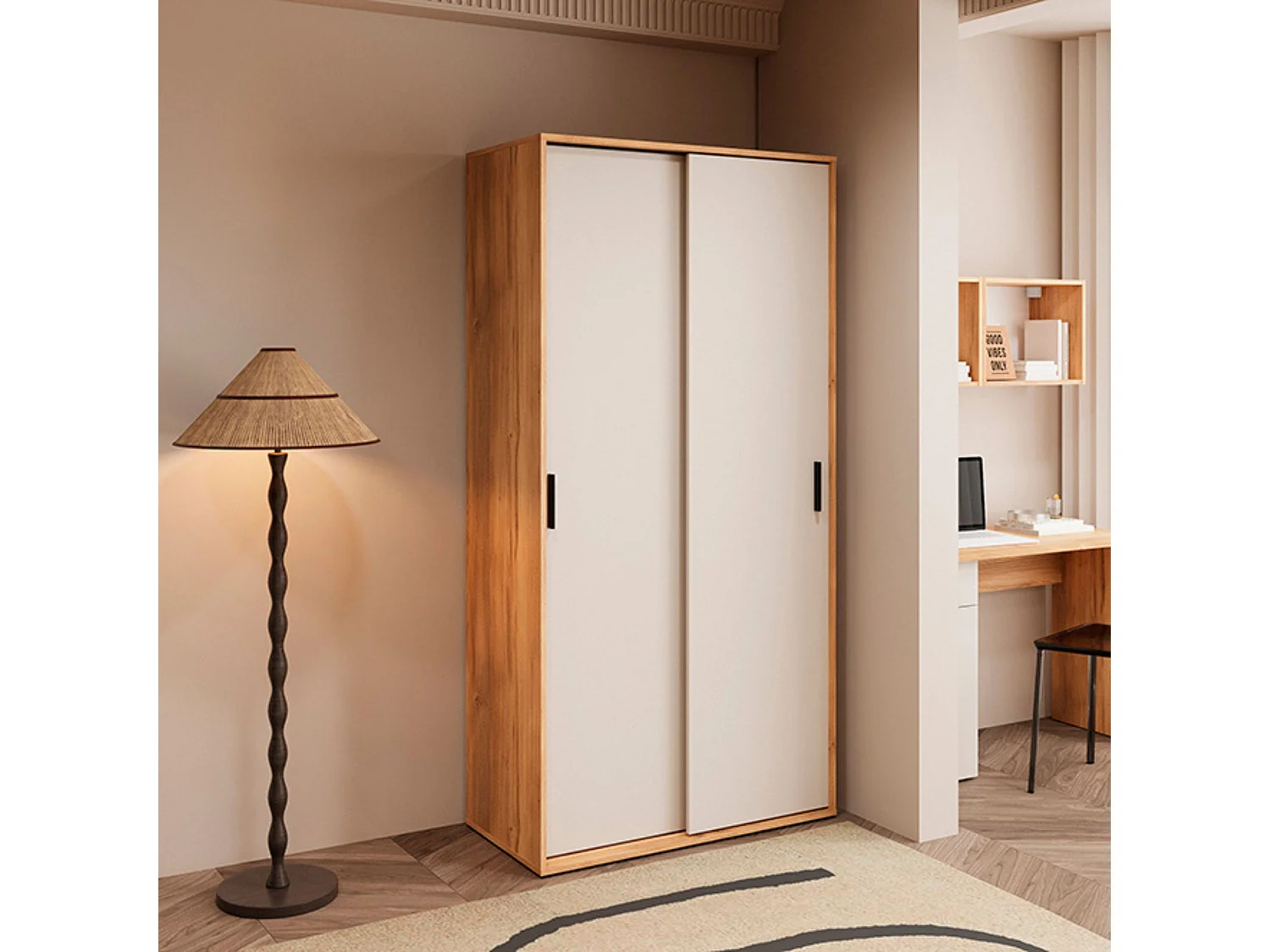 Armario Ropero con 2 Puertas Correderas Mauvella Beige – 200x100x50 cm – Mueble Auxiliar de Dormitorio Moderno con Baldas y Barra para Colgar