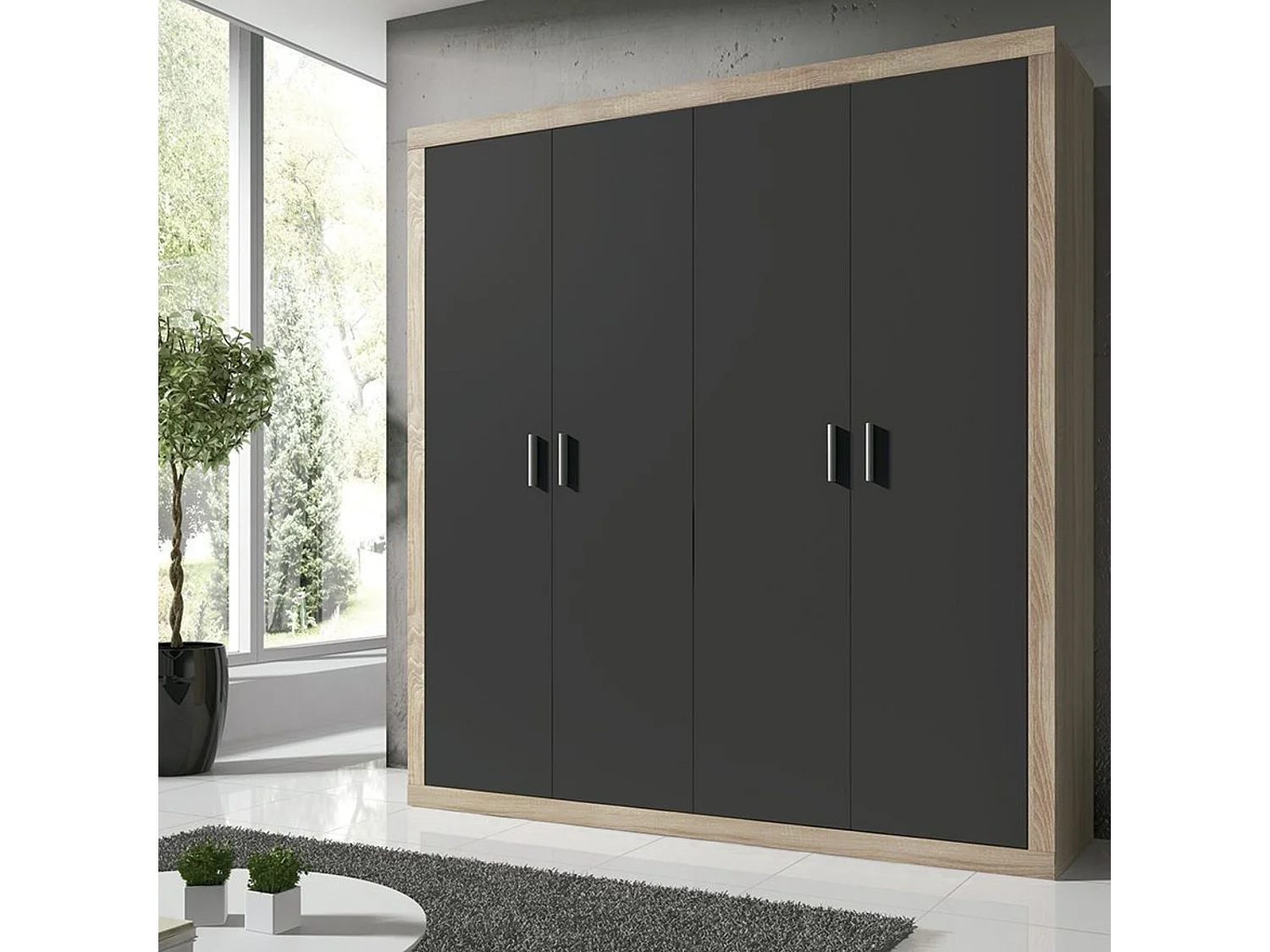 Armario 4 Puertas, Incluye 2 Estantes y 2 Barras para Colgar, Color Cambria-Grafito, 208 x 196 x 50,2 cm