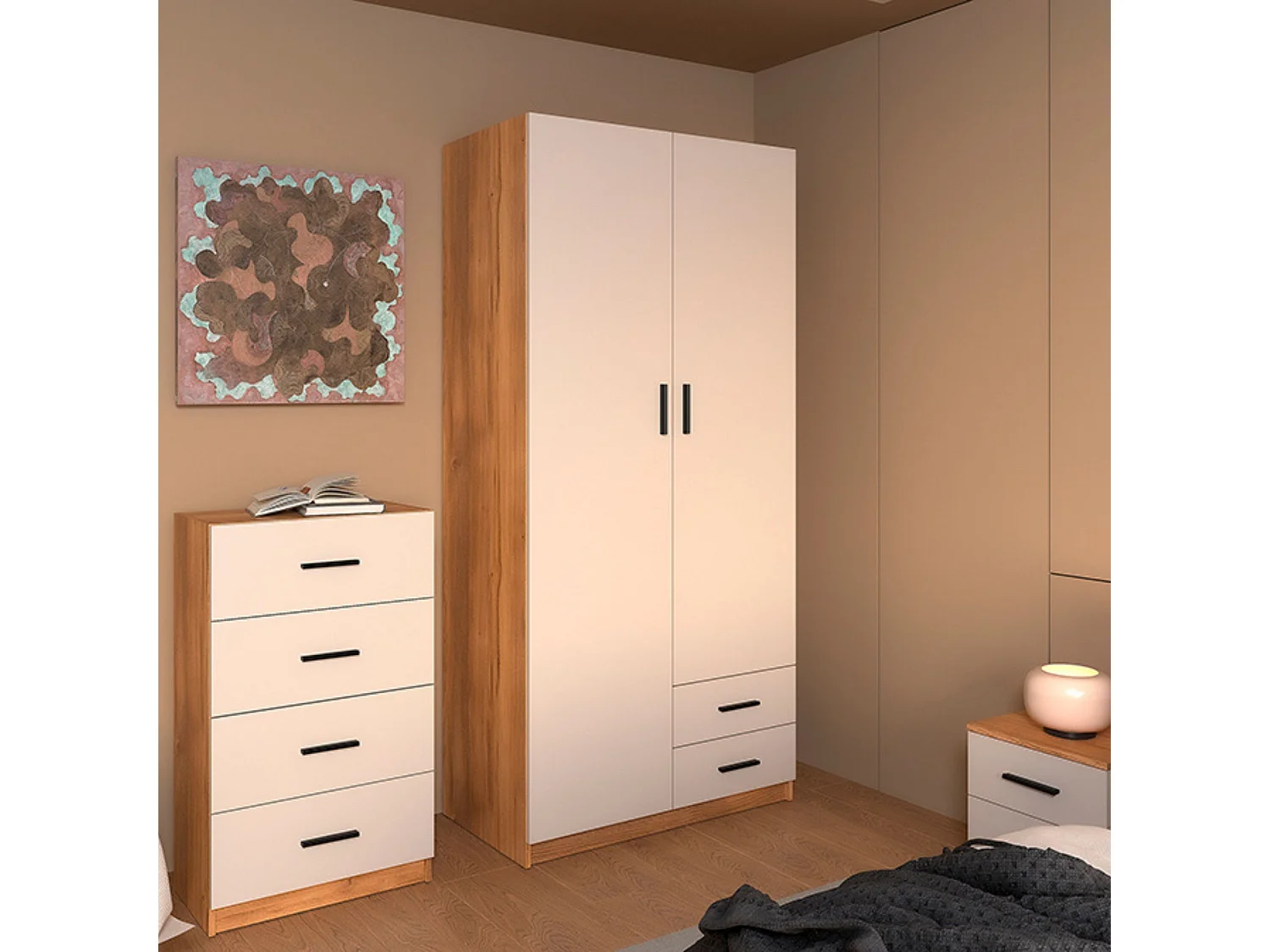 Armario 2 Puertas y 2 Cajones Mauvella Beige – 208,6x100x51,6 cm – Mueble de Melamina con Barra para Colgar y 6 Estantes – Diseño Moderno con Tiradore