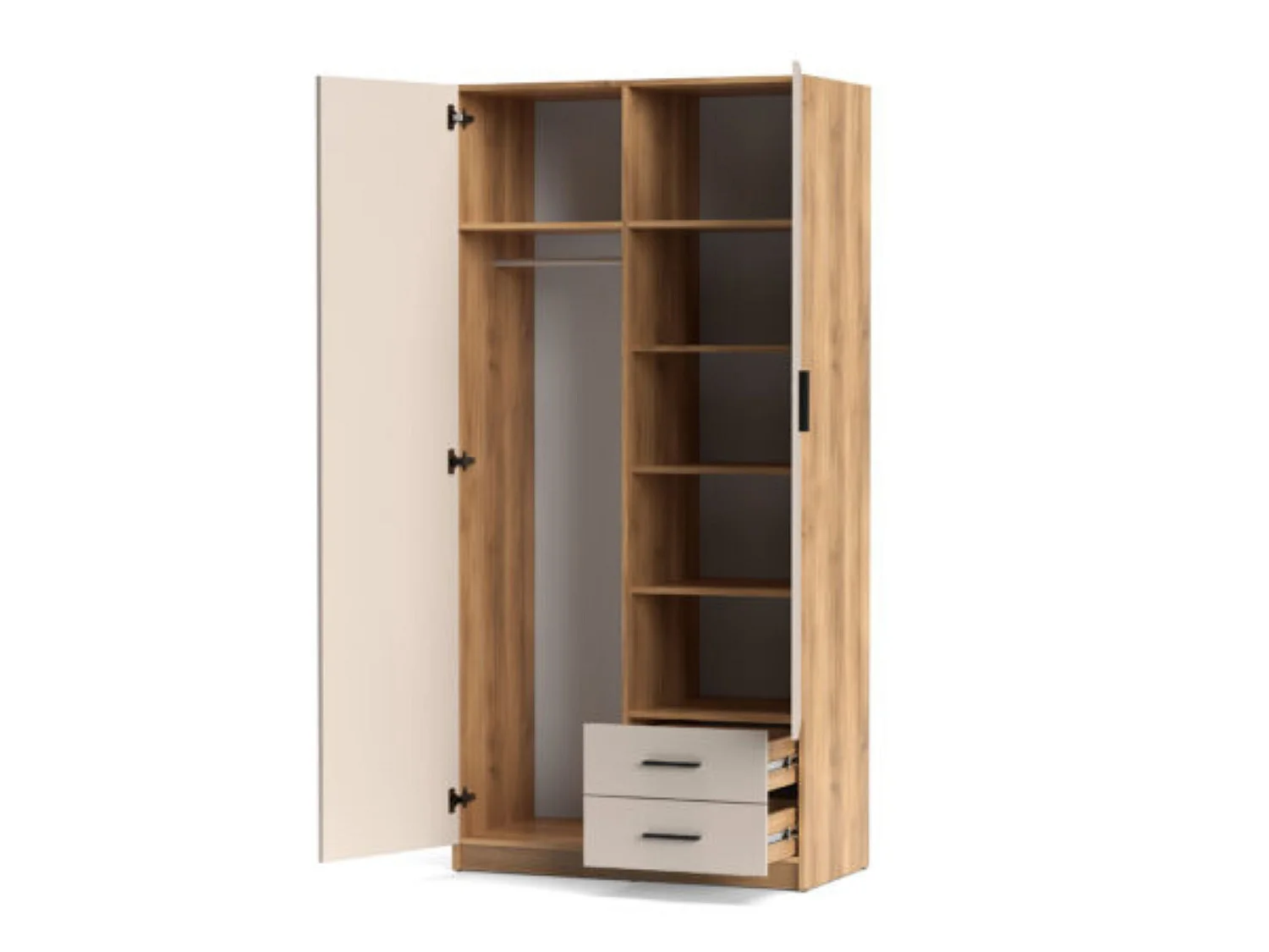 Armario 2 Puertas y 2 Cajones Mauvella Beige – 208,6x100x51,6 cm – Mueble de Melamina con Barra para Colgar y 6 Estantes – Diseño Moderno con Tiradore