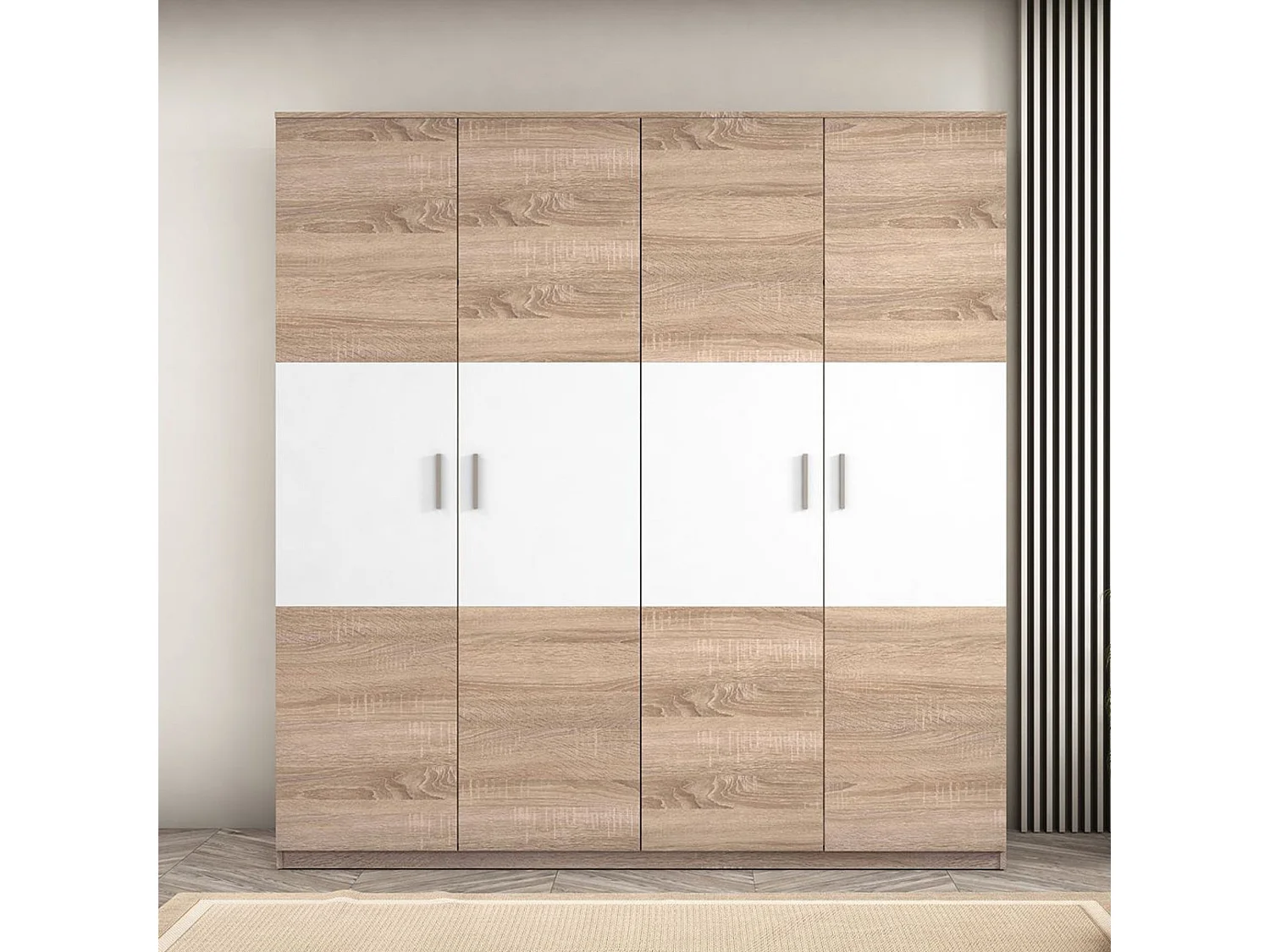 Armario 4 Puertas, Incluye 2 Estantes y 2 Barras para Colgar, Color Cambria-Blanco, 206 x 200 x 56 cm