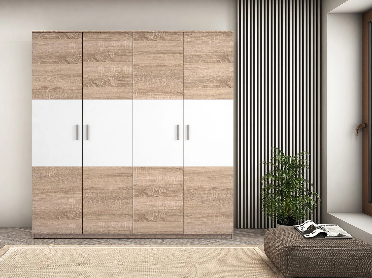 Armario 4 Puertas, Incluye 2 Estantes y 2 Barras para Colgar, Color Cambria-Blanco, 206 x 200 x 56 cm