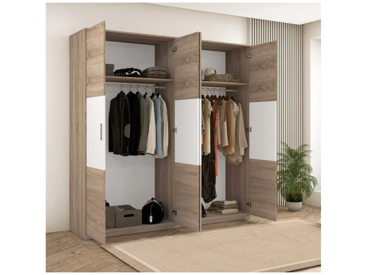 Armario 4 Puertas, Incluye 2 Estantes y 2 Barras para Colgar, Color Cambria-Blanco, 206 x 200 x 56 cm