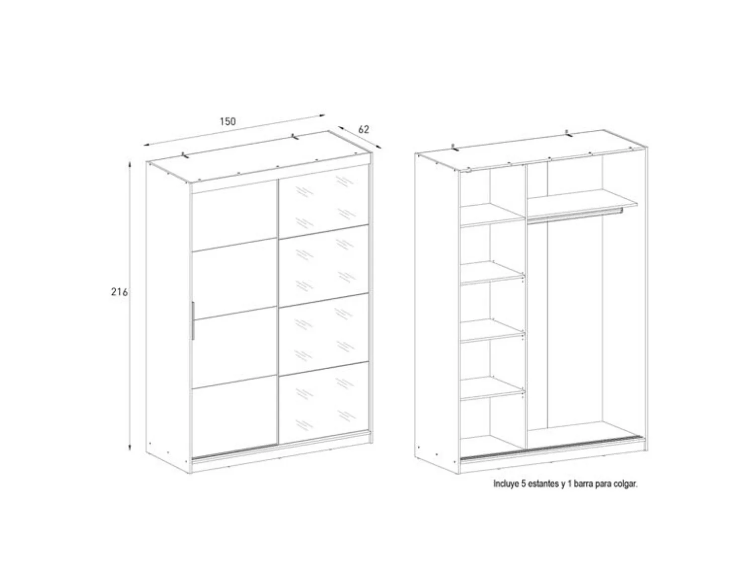 Armario de 2 Puertas Correderas con Espejo de Cuerpo Entero, Gran Capacidad (216 x 150 x 62 cm), Incluye 5 Estantes y Barra de Colgar