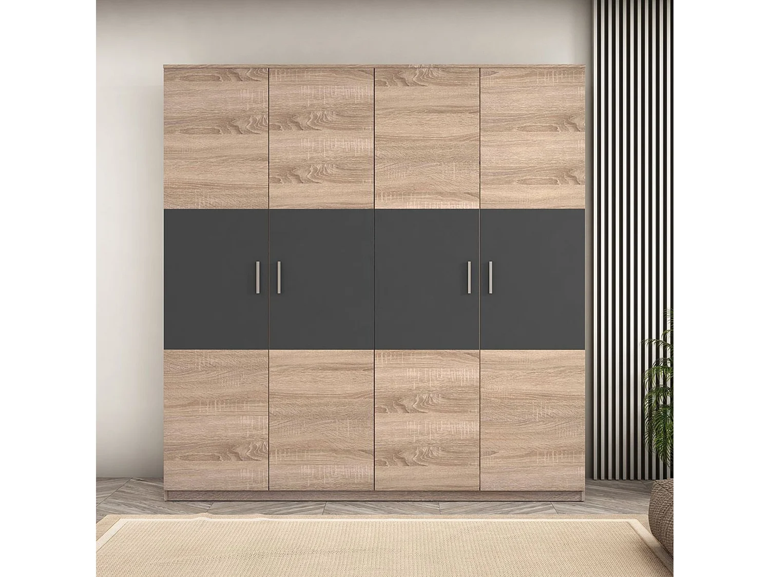 Armario 4 Puertas, Incluye 2 Estantes y 2 Barras para Colgar, Color Cambria-Grafito, 206 x 200 x 56 cm