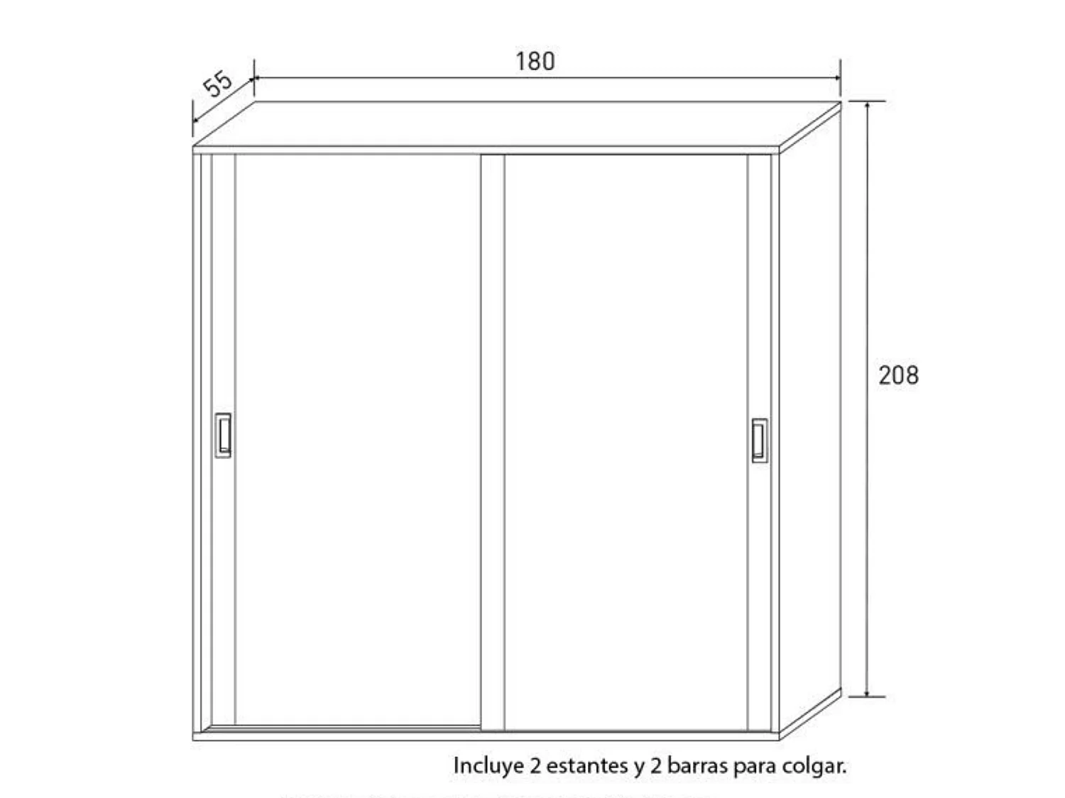 Armario con Puertas Correderas, Incluye 2 Estantes y 2 Barras para Colgar, Color Cambria-Blanco, 208 x 180 x 55 cm