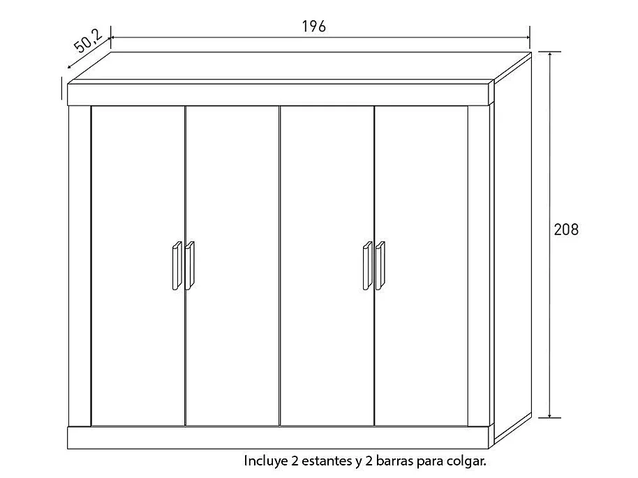 Armario 4 Puertas, Incluye 2 Estantes y 2 Barras para Colgar, Color Cambria-Blanco, 208 x 196 x 50,2 cm