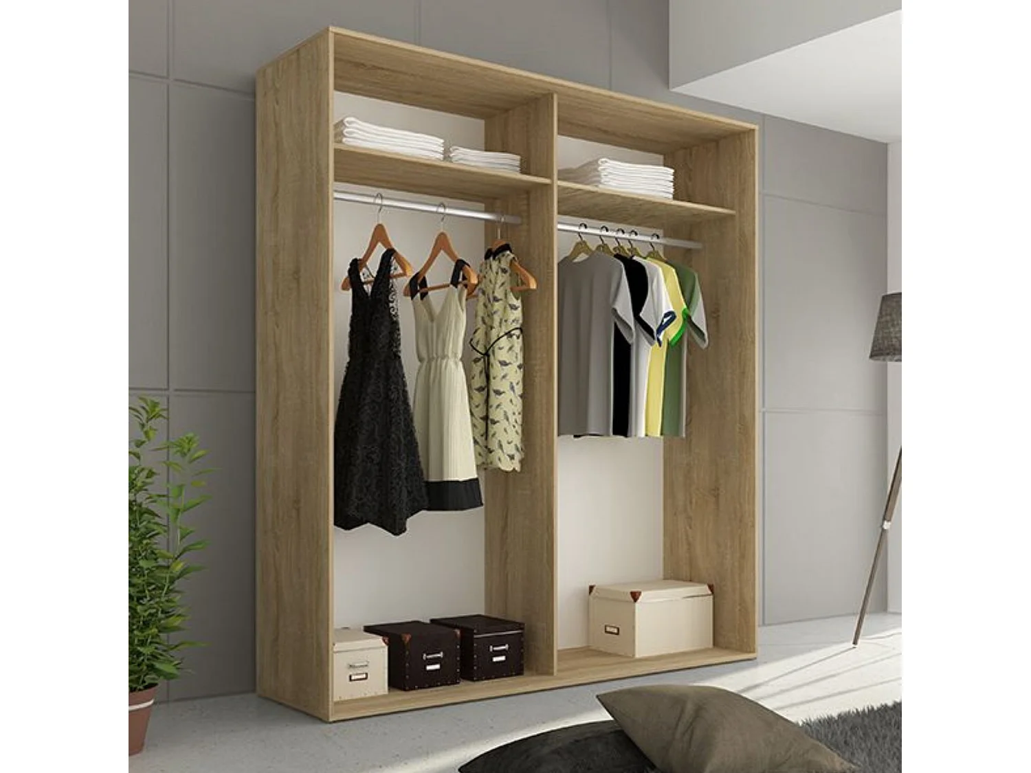 Armario con Puertas Correderas, Incluye 2 Estantes y 2 Barras para Colgar, Color Cambria - Blanco , 207,6 x 180 x 55 cm