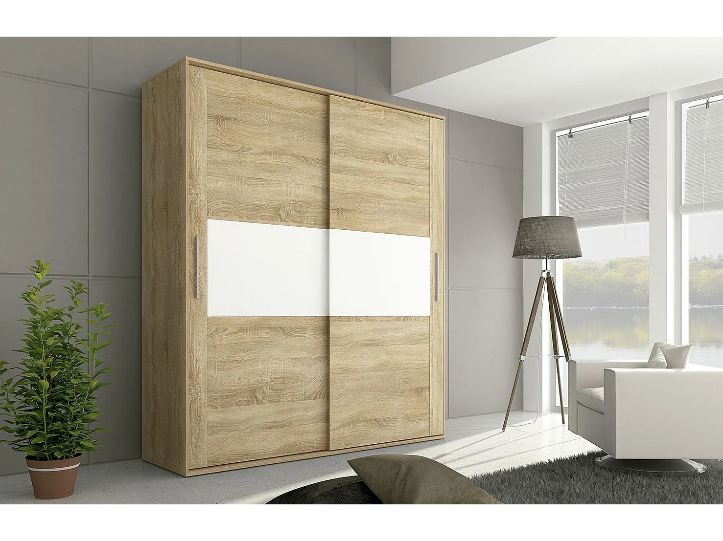 Armario con Puertas Correderas, Incluye 2 Estantes y 2 Barras para Colgar, Color Cambria - Blanco , 207,6 x 180 x 55 cm
