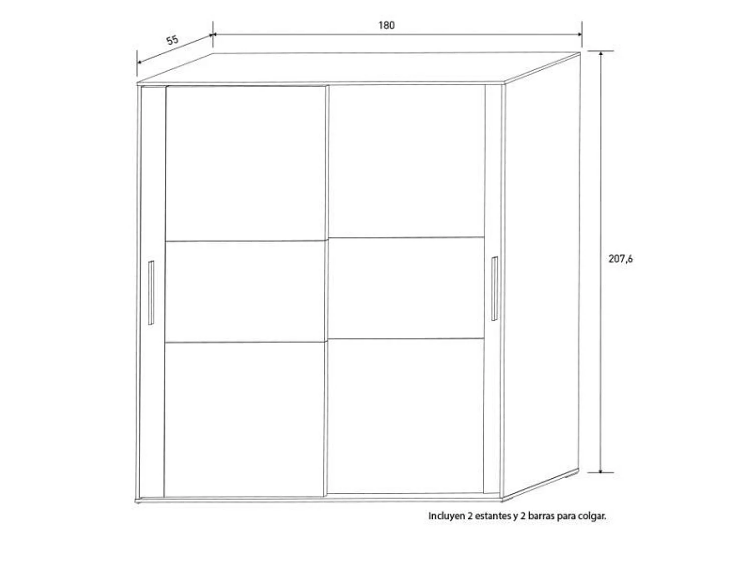 Armario con Puertas Correderas, Incluye 2 Estantes y 2 Barras para Colgar, Color Cambria - Blanco , 207,6 x 180 x 55 cm