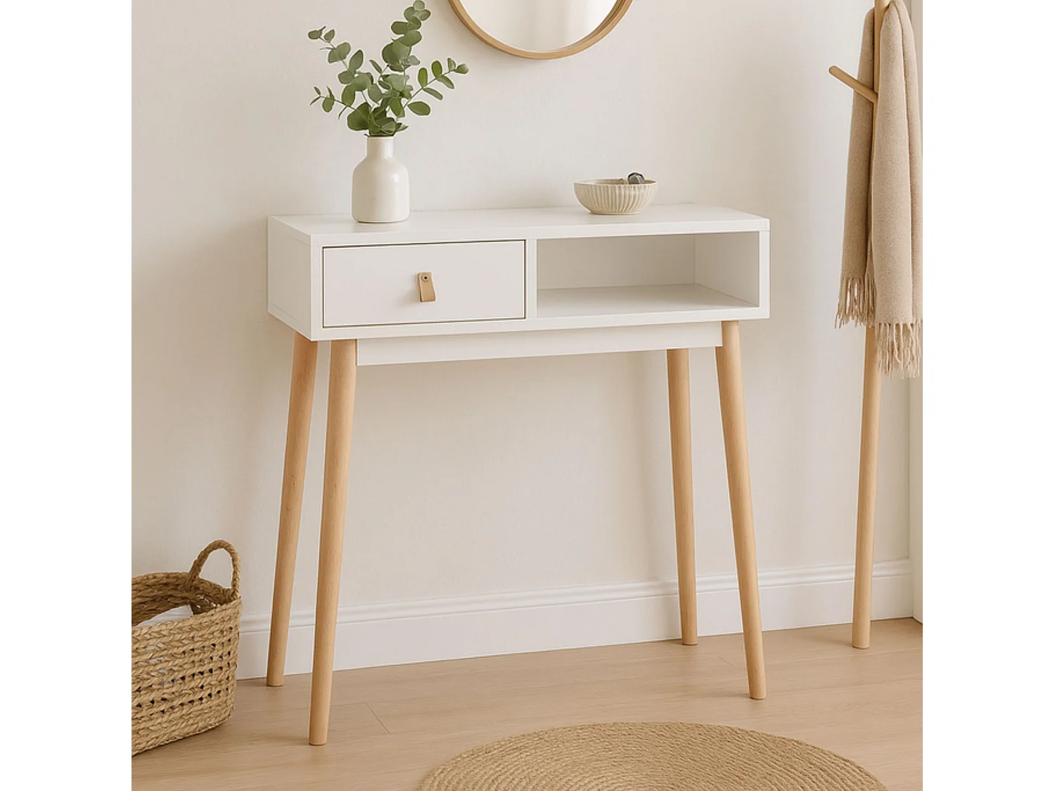 Recibidor Blanco con 1 Cajón y Patas de Madera de Haya – 80x30x60 cm – Consola Moderna de Entrada con Tirador en Símil Cuero