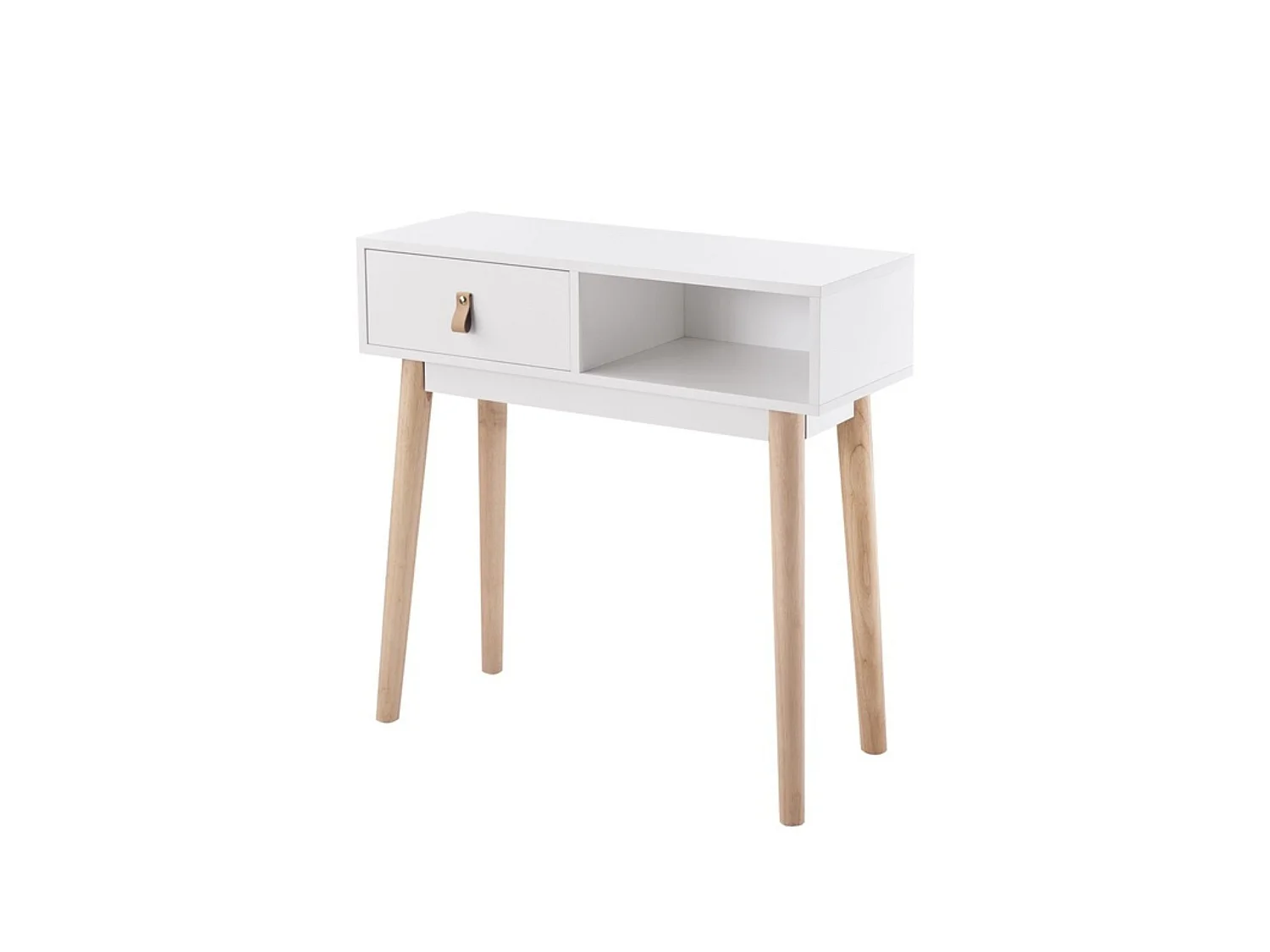 Recibidor Blanco con 1 Cajón y Patas de Madera de Haya – 80x30x60 cm – Consola Moderna de Entrada con Tirador en Símil Cuero