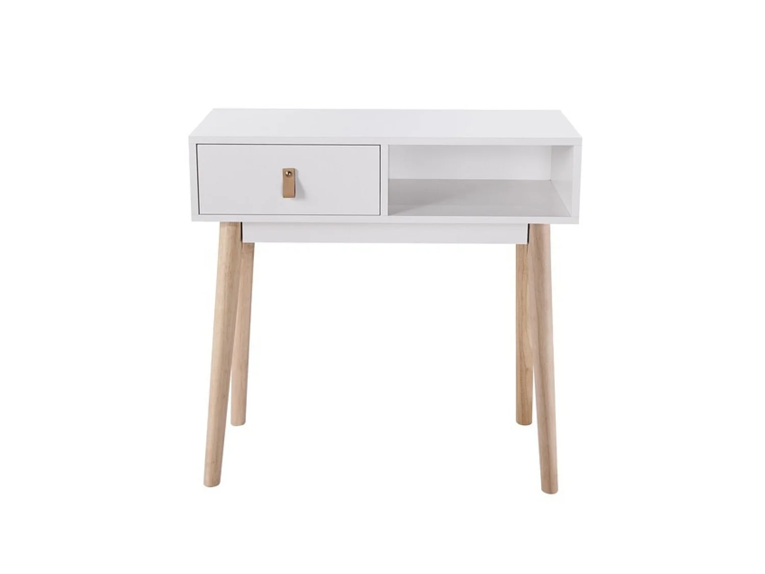 Recibidor Blanco con 1 Cajón y Patas de Madera de Haya – 80x30x60 cm – Consola Moderna de Entrada con Tirador en Símil Cuero