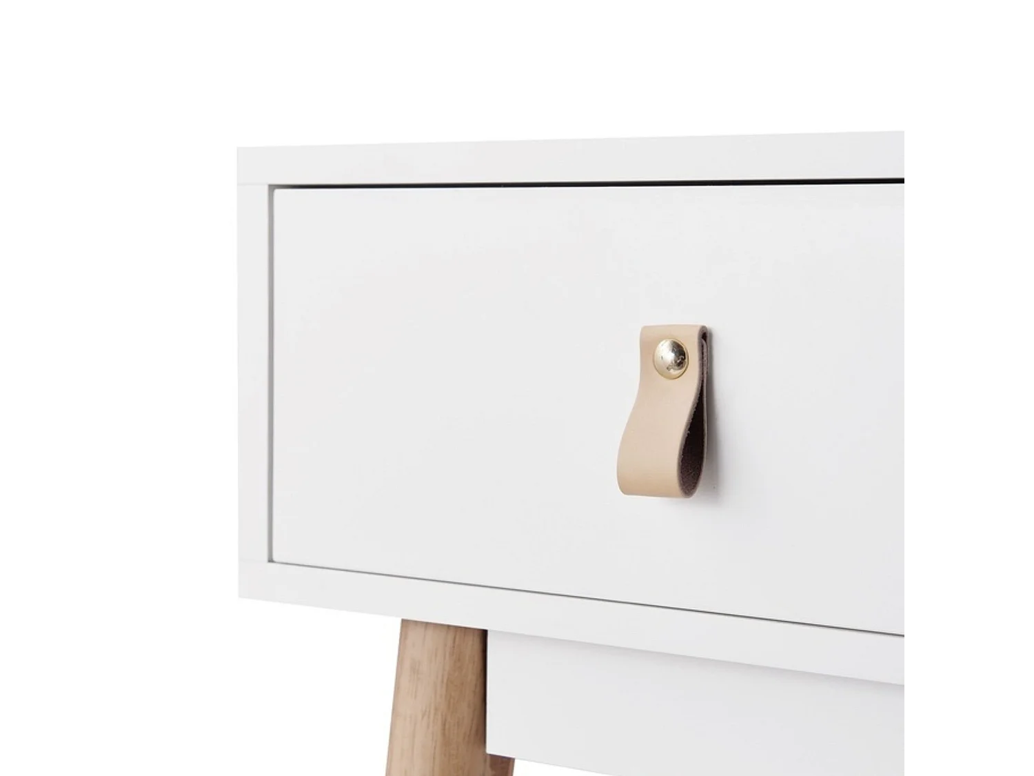 Recibidor Blanco con 1 Cajón y Patas de Madera de Haya – 80x30x60 cm – Consola Moderna de Entrada con Tirador en Símil Cuero